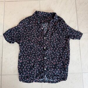 All Saints Black Short-Sleeve Button-Down with Red Spot Print L